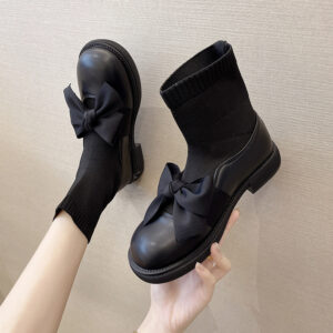 Bowknot Shaved Leather Wind Ankle Boots Flat Cloth Thin Skinny Socks Boots