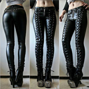 Solid Color Casual Women’s Lace-up PU Leather Pants