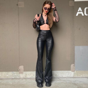 Women’s PU Leather High Waist Stretch Fashion Bootleg Pants