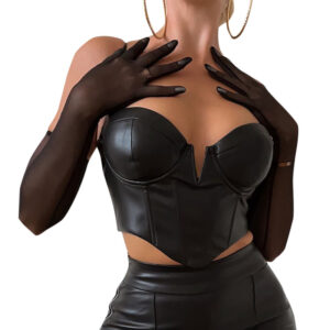 Autumn And Winter Solid Color Strapless Halter Leather Top