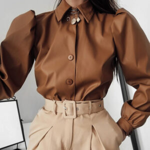 Long Puff Sleeve Turn Down Collar Women Leather Shirt