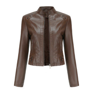 Studded Leather Women Short Jacket Long Sleeves