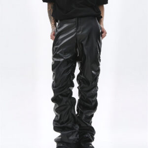 Black Pleated Casual Leather Pants