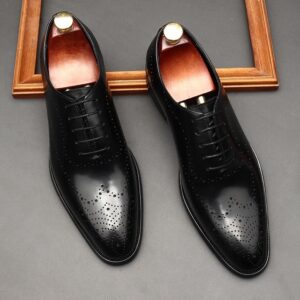 Leather Shoes Men’s British Pointed Toe Business Formal Wear Lace-up Shoes Men