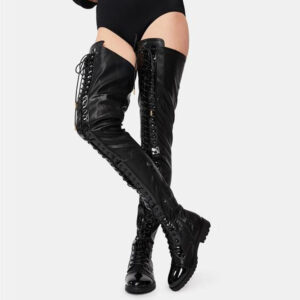 Lace-up Side Zip Low Heel Over The Knee Stockings Leather Women’s Boots