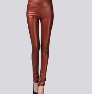 Real shot autumn and winter new color elastic pu leather plus velvet thickening leggings wearing high waist tight leather pants