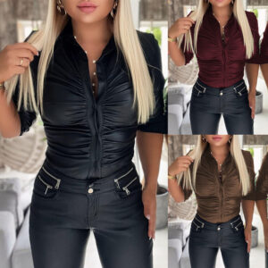 Women’s Leather Long-sleeved Lapel Shirt