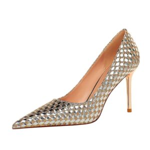 Women’s Shiny  Sequin Woven Metal Decoration Leather Stiletto Heels