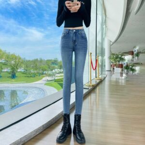 Dark Blue Jeans Women’s High Waist Spring Stretch Slimming Skinny Close-fitting Fleece