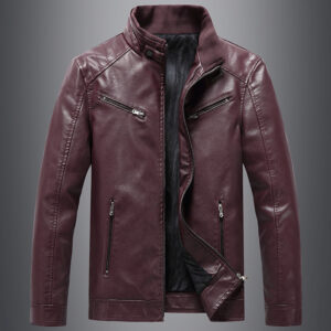 Men’s Fleece Padded Coat Casual Korean-style Stand Collar PU Leather Jacket Trendy Youth