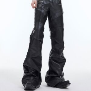 Deconstructing Three-dimensional Stitching Punk Leather Pants Metal Zipper Embellished Bootcut Casual Trousers