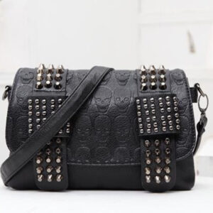 Fashion Women Black Leather Messenger Bags Fashion Vintage Messenger Cool Skull Rivets Shoulder Bags