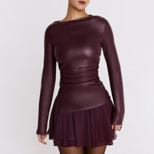 Women’s Pleated Long-sleeved Leather Top