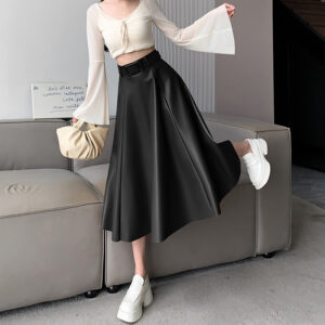 Women’s A- Line High Waist Leather Skirt Midi Skirt