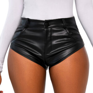 Black High Waist Stretch Shorts Tight Casual Pants Leather