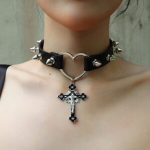 Rivet Leather Punk Thorn Cross Collar