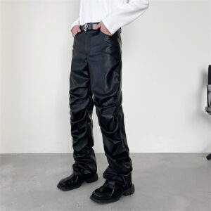 Men’s Punk Rock Pleated Leather Pants