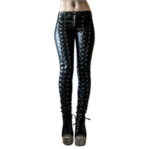 Solid Color Casual Women’s Lace-up PU Leather Pants