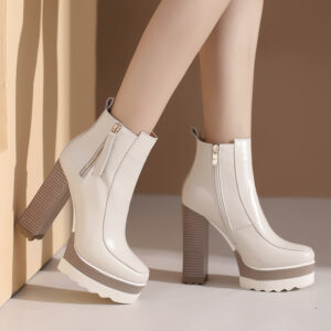 Women’s Chunky Heel Platform Leather Side Zip Square Toe Ankle Boots