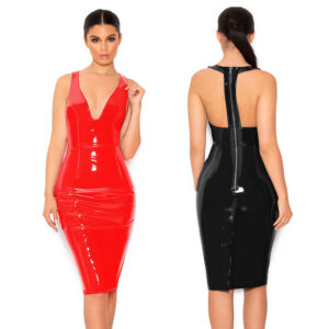 Mirror PU Leather Sleeveless V-neck Tight Dress