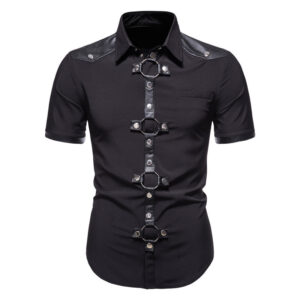 New European And American Men’s Gothic Style Rivet Leather Patchwork Short-sleeved Shirt Simple Fashion Costume