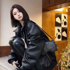 American Retro High-grade Black Leather Jacket Coat Women