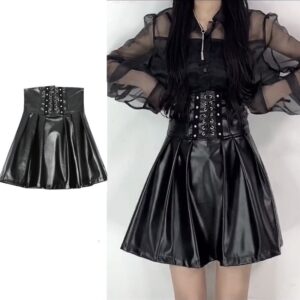 Black High Waist Small Leather Skirt Women’s Cinched Pleated Split Skirt