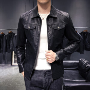 Simple Slim-fitting Lapel Motorcycle Leather Jacket Men