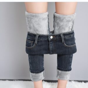 Dark Blue Jeans Women’s High Waist Spring Stretch Slimming Skinny Close-fitting Fleece