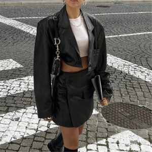 Spicy Girl Style Leather Coat Skirt Fashion Suit