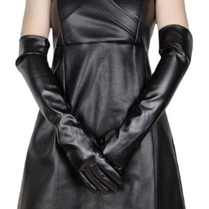 Faux Leather Long Fashion Women’s Black Glossy Warm Gloves For Stage Performance