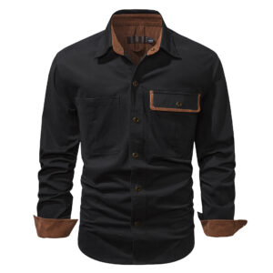 Washed Cotton Plus Size Solid Color Polo Collar Men’s Long Sleeve Shirt