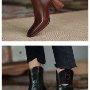 Women Boots Ankle Sock Boots High Heels Square Pointed Toe Leather