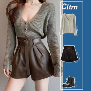 Coffee Color Leather Shorts Women’s Autumn And Winter Outer Wear