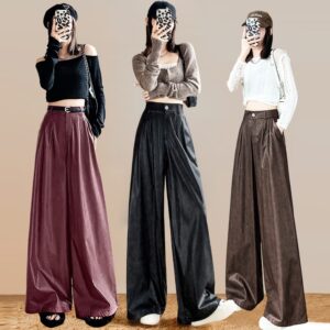 High Waist Loose Straight Slimming Leather Wide-leg Pants Drape Mop Pants