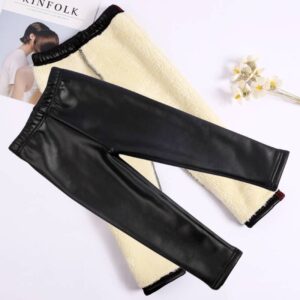 Girls Fleece Leather Pants Outer Wear Children’s Velvet Padded Leggings