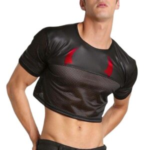 Men’s Leather Mesh Panel High Waist Half T-Shirt