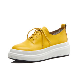 New Height Increase Casual Shoes Women Simple Yellow Leather Lace-up Single Shoes Platform Platform Shoes British Style Women’s Shoes