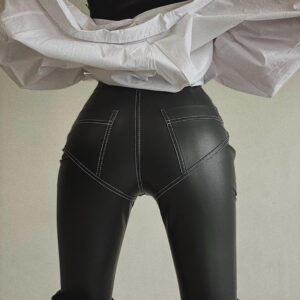 PU Leather Elastic Skinny Pants High Waist Stitching Hip Leggings