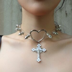 Rivet Leather Punk Thorn Cross Collar