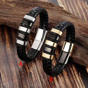 Leather Cord Bracelet Men’s Stainless Steel Leather Woven Handmade Metal Leather Jewelry