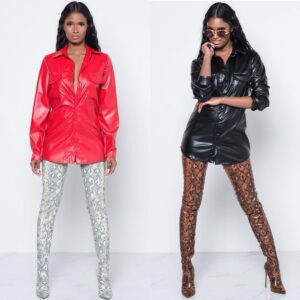 Women’s Nightclub Sexy Ladies PU Leather Long Sleeve Shirt