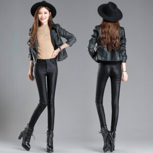 PU Coated Faux Leather Pants Ladies High Waist