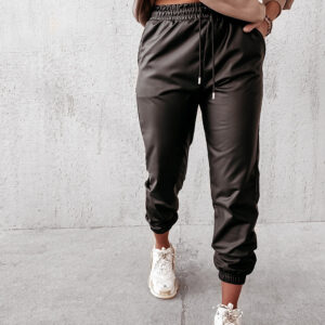 Women Solid Color Strapped Casual Leather Pants