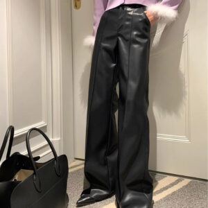 High Waist Wide Leg Casual Loose Leather Pants