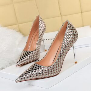 Women’s Shiny  Sequin Woven Metal Decoration Leather Stiletto Heels