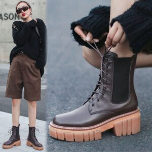 Round Toe High Heeled Leather Platform Retro Martin Ankle Boots