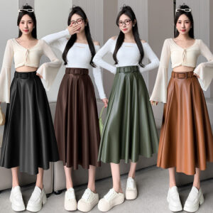 Women’s A- Line High Waist Leather Skirt Midi Skirt