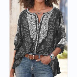 New Round Neck Folk Style Bat Sleeve Vintage Printed Blouse For Women