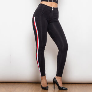 Shascullfites Melody Middle Waist Dark Thread Black Jeans With White&Red Stripe Pants Women Butt Lift Jeans Shaping Pants